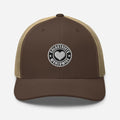 Brown and tan trucker baseball cap with circular logo patch from CS Clothing Co