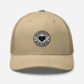 Tan trucker-style cap with black and white heart logo from CS Clothing Co. rustic design