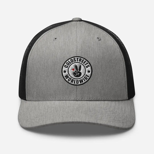 Gray and black trucker-style baseball cap with circular logo patch by CS Clothing Co