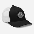 Black charcoal mesh trucker hat with peace symbol logo patch from CS Clothing Co