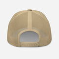 Beige mesh-back trucker hat with snapback closure from CS Clothing Co. in red rustic orange