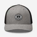 Gray and black trucker-style cap with peace symbol patch by CS Clothing Co. in black charcoal