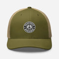 Olive green and tan trucker hat with peace sign patch by CS Clothing Co. rustic style