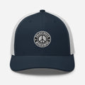 Navy blue and white mesh trucker hat with peace sign logo from CS Clothing Co. in black charcoal