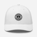 White baseball cap featuring a circular peace sign logo from CS Clothing Co. red rustic style