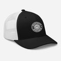 Black and white mesh trucker hat with a smiley face logo from CS Clothing Co