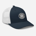 Navy blue and white mesh trucker hat with smiley face logo from CS Clothing Co