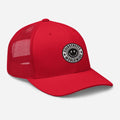 Red mesh-back baseball cap with smiley face patch from CS Clothing Co. perfect for black charcoal styles