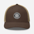 Brown and tan trucker hat with smiley face logo from CS Clothing Co. in khaki moss