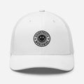 White baseball cap with black smiley face logo from CS Clothing Co HW1-t 0-WW-7