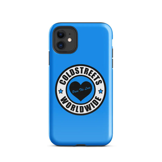 Blue iPhone case with Coldstreets Worldwide logo for Pro Max iPhone, stylish and unique