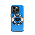 Blue iPhone case with Coldstreets Worldwide logo and heart design for Pro Max iPhone