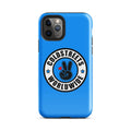 Blue iPhone case with Coldstreets Worldwide logo and peace sign for Pro Max and Mini iPhones