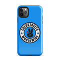 Blue iPhone case with Coldstreets Worldwide logo and peace sign for Pro Max and Mini iPhone