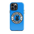 Blue iPhone case with Coldstreet Worldwide logo and peace sign for Mini iPhone and Pro Max