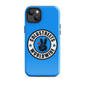 Blue phone case with Coldstreetz Worldwide logo and peace sign for Pro Max iPhone