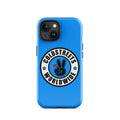 Blue phone case with Coldstreets Worldwide logo and peace sign, perfect for Pro Max iPhone