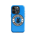 Blue iPhone case with Coldstreets Worldwide logo and peace sign for pro max or mini iPhone