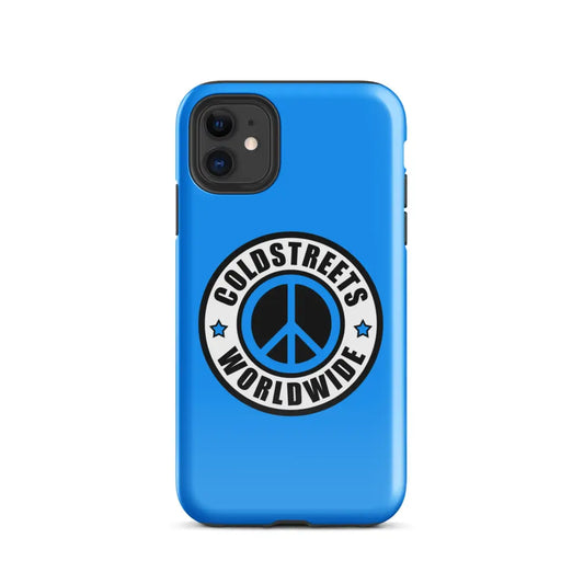 Blue iPhone case with Coldstreets Worldwide logo and peace symbol for Pro Max or Mini iPhone