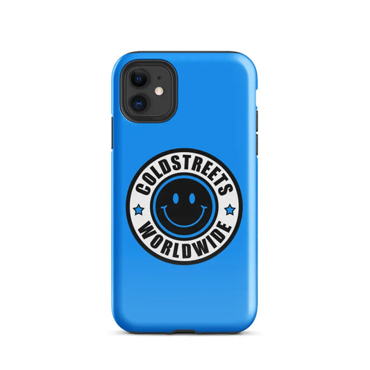 Blue phone case for Pro Max iPhone with a smiley logo and Coldstreets Worldwide text