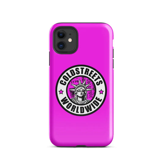 Hot pink iPhone case with Coldstreets Worldwide logo and Statue of Liberty design