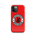 Red iPhone case with Goldstreets Worldwide logo, perfect for Pro Max and Mini iPhone