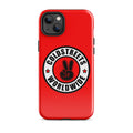 Red iPhone case with Coldstreek Worldwide logo and peace sign, fits Pro Max and Mini iPhone