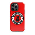 Red iPhone case with Coldstreek Worldwide logo and peace sign for Pro Max or Mini iPhone