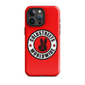 Red iPhone case with Coldstreets Worldwide logo and peace sign, compatible with Pro Max and Mini iPhone