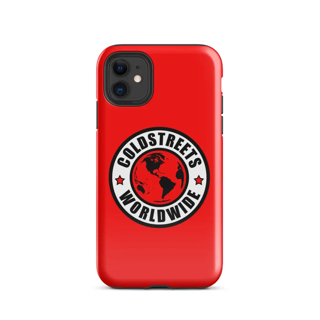 Red iPhone case with Coldstreets Worldwide logo, perfect for Pro Max and Mini iPhone