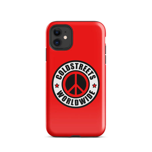 Red iPhone case with Coldstreets Worldwide logo and peace symbol for Pro Max or Mini iPhone