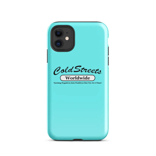 Turquoise iPhone case with ColdStreets Worldwide branding for pro max iPhone models