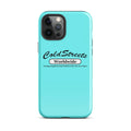 Turquoise iPhone case featuring Cold Streets Worldwide logo for Pro Max and Mini iPhone