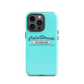 Turquoise iPhone case with Cold Streets Worldwide branding for Pro Max and Mini iPhone