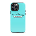 Turquoise iPhone case with Cold Streets Worldwide logo for Pro Max and Mini iPhone models