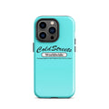 Turquoise iPhone case with ColdStreets Worldwide branding for Pro Max and Mini iPhones