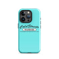 Turquoise iPhone case with ColdStreets Worldwide branding for Pro Max and Mini iPhones