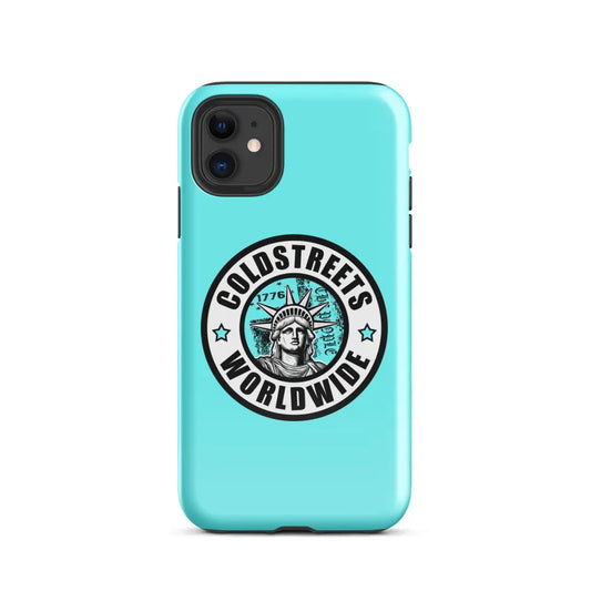 Turquoise iPhone case with Goldstreets Worldwide logo and Statue of Liberty for pro max iPhone