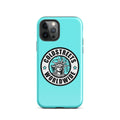 Turquoise iPhone case with Goldstreets Worldwide logo and Statue of Liberty design