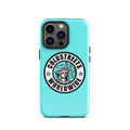 Turquoise iPhone case with black and white Coldstreets Worldwide logo and Statue of Liberty