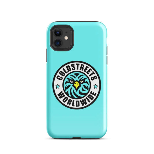 Turquoise iPhone case with Goldstreets Worldwide logo and palm trees for Pro Max iPhone