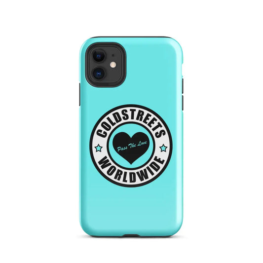 Turquoise iPhone case with Coldstreets Worldwide logo and heart design for pro max iPhone