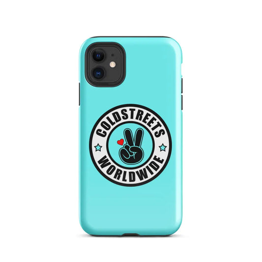 Turquoise iPhone case with Coldstreets Worldwide logo, perfect for Pro Max iPhone