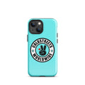 Turquoise iPhone case with Cold Streets Worldwide logo and peace sign, ideal for Pro Max iPhone