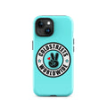 Turquoise iPhone case with black Coldstreets Worldwide logo and peace sign, perfect for Pro Max iPhone