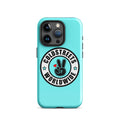 Turquoise iPhone case with Coldstreets Worldwide logo, ideal for Pro Max and Mini iPhones