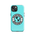 Turquoise iPhone case with Coldstreets Worldwide logo, perfect for Pro Max iPhone models