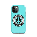 Turquoise iPhone case with Goldstreets Worldwide logo and peace symbol for pro max iPhone