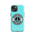 Turquoise phone case with black peace sign and COLDSTREETS WORLDWIDE for iPhone models