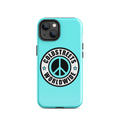 Turquoise phone case for Pro Max iPhone with Coldstreets Worldwide logo and peace symbol